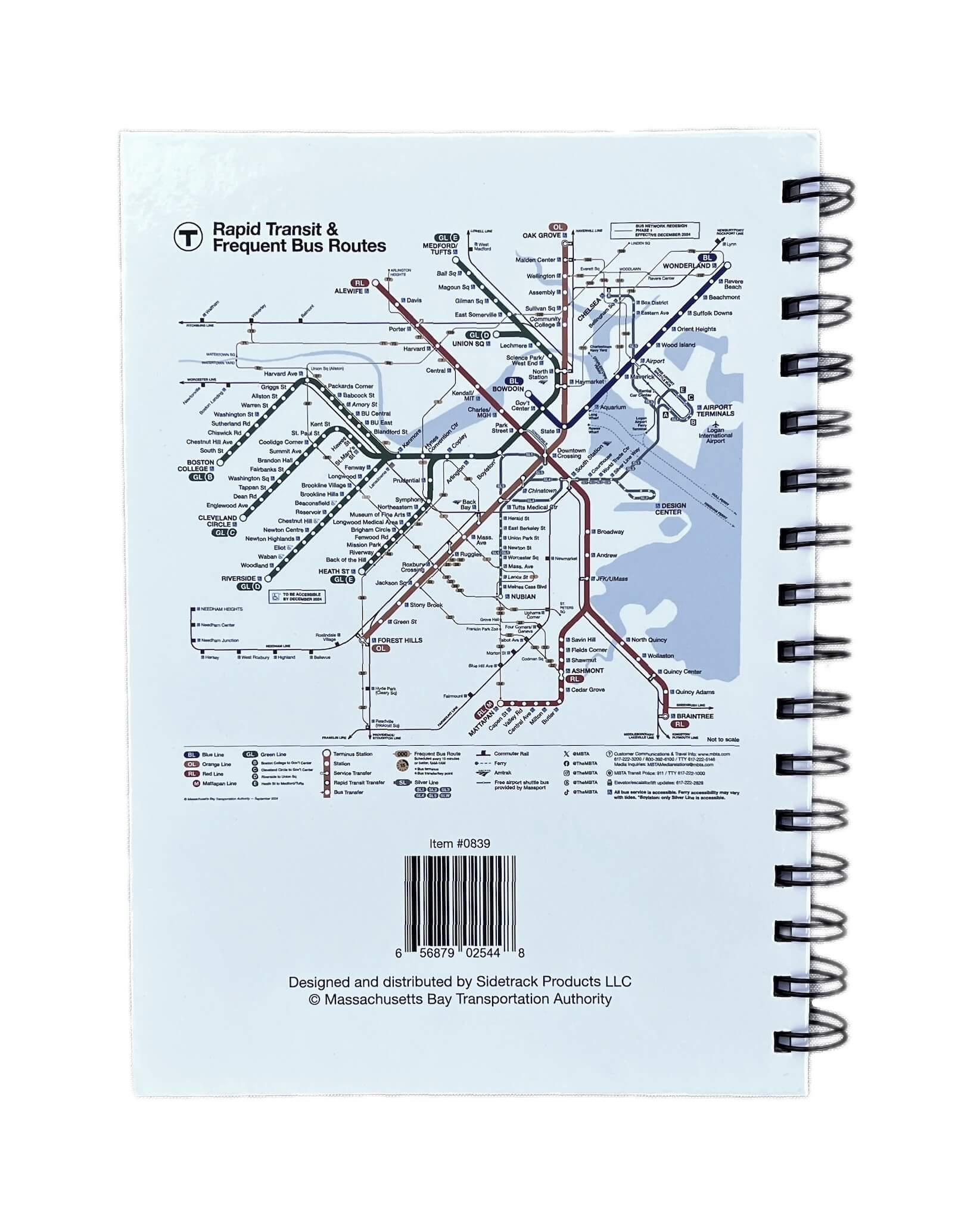 Spiral notebook journal with Boston MBTA subway map on back cover